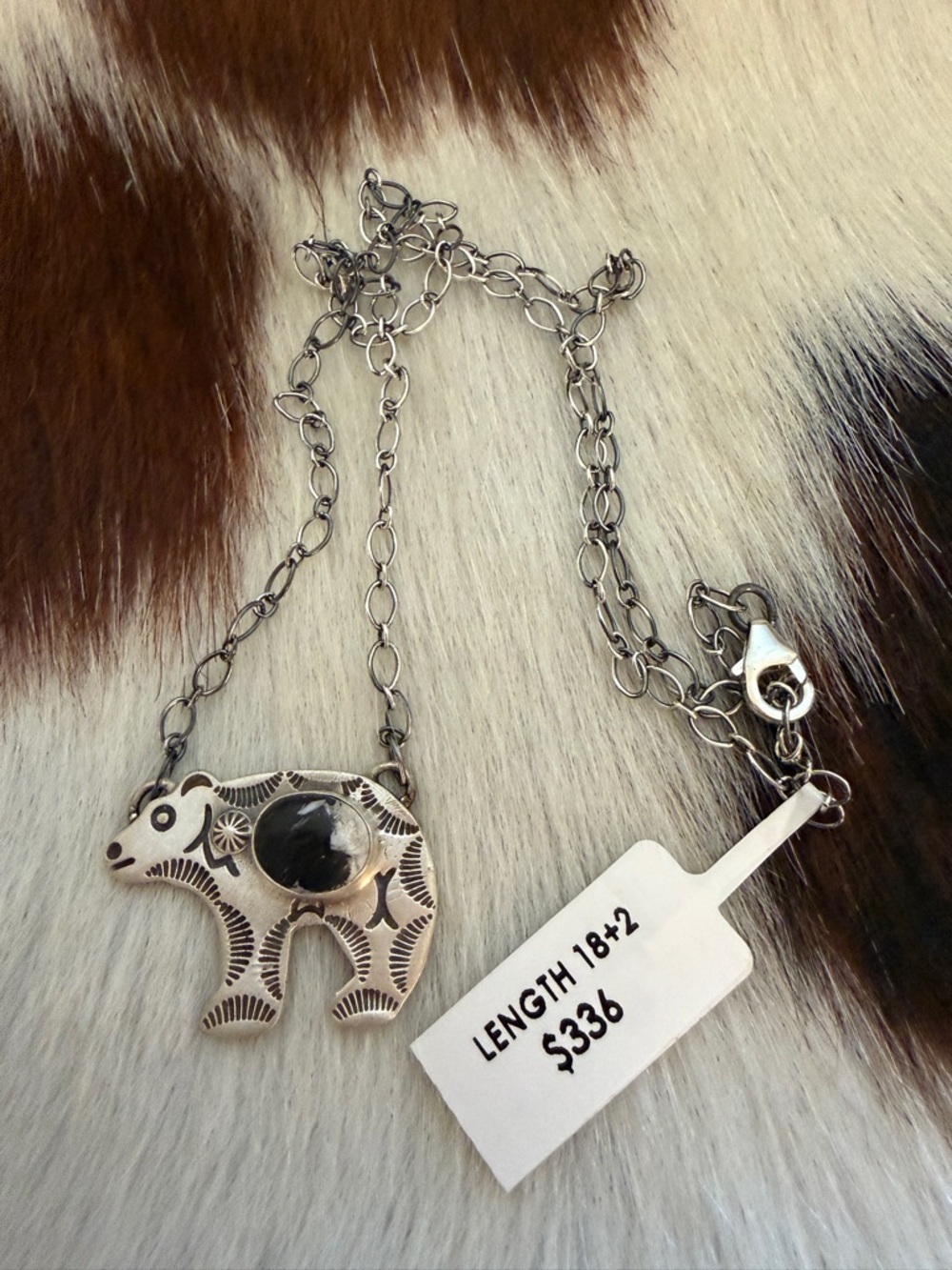 ❤️ White Buffalo Hand Stamped Statement Bear Necklace Matte Sterling 18+2” Adj